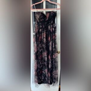 Lulu's Black Strapless Floral Maxi Dress with Pink Roses